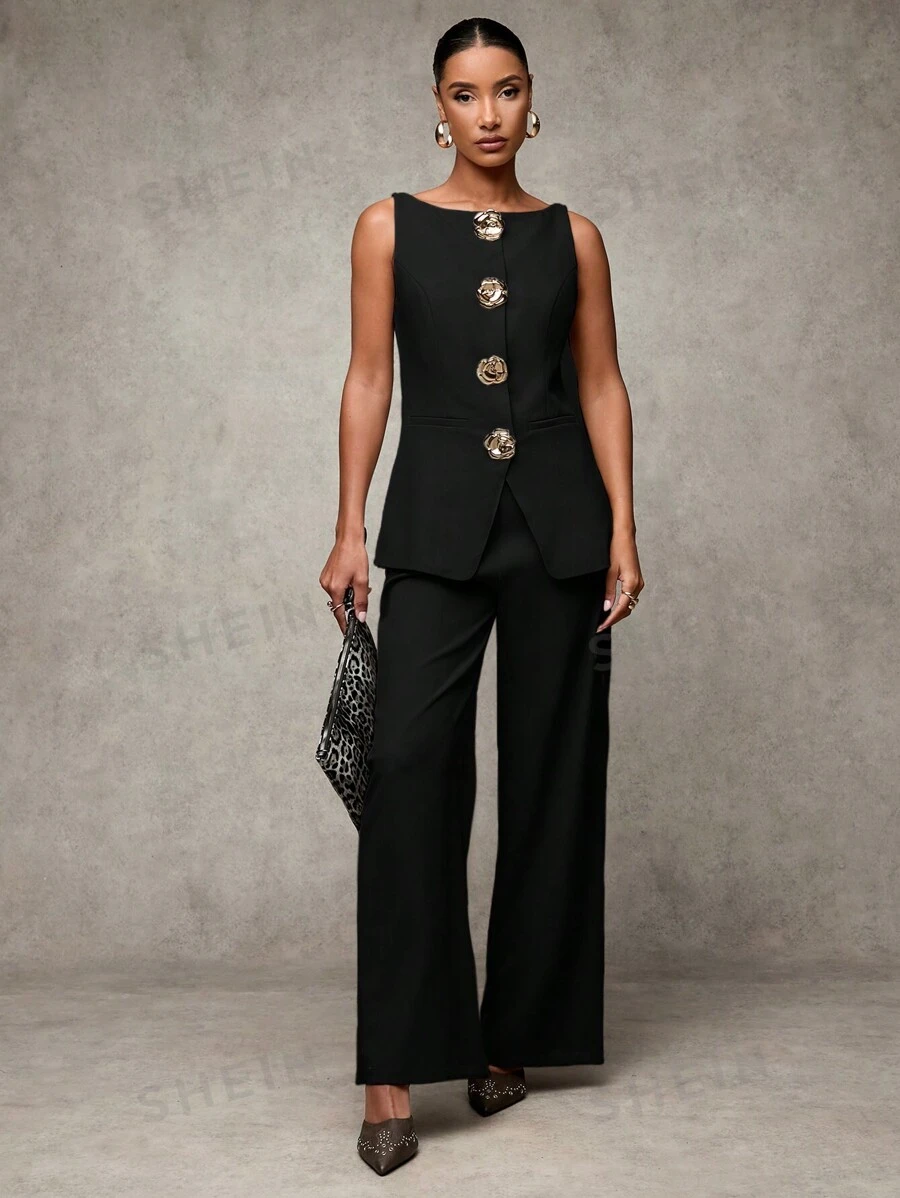 SHEIN BAE Women's Black Sleeveless Pants Suit With Gold Rose Button Detail,Business Casual Woman In Fall/Winter - Black - View 1