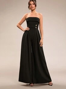 SHEIN BAE Women's Plain Black Sleeveless Jumpsuit With Metallic Button, Slim Fit Wide Leg Jumpsuit, Elegant Going Out Outfit For Daily Wear, Dating, Party, Asymmetric Wide Leg Jumpsuit, Valentine's Day Jumpsuit, Everyday Jumpsuit, Sophisticated Jumpsuit - Black - View 6