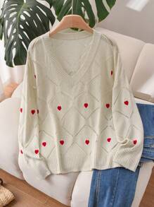 SHEIN Frenchy Plus Size V-Neck Long Sleeve Heart Print Casual Pullover Sweater Fall/Winter - Multicolor - View 6