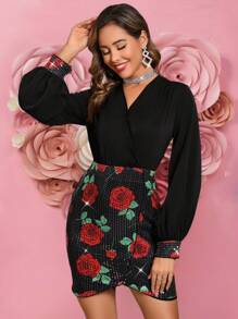 Ellevyn 女士优雅 V 领亮片黑红色迷你紧身连衣裙，新款春夏情人节连衣裙优雅生日服装女士中国新年服装 - 彩色 - 查看 3