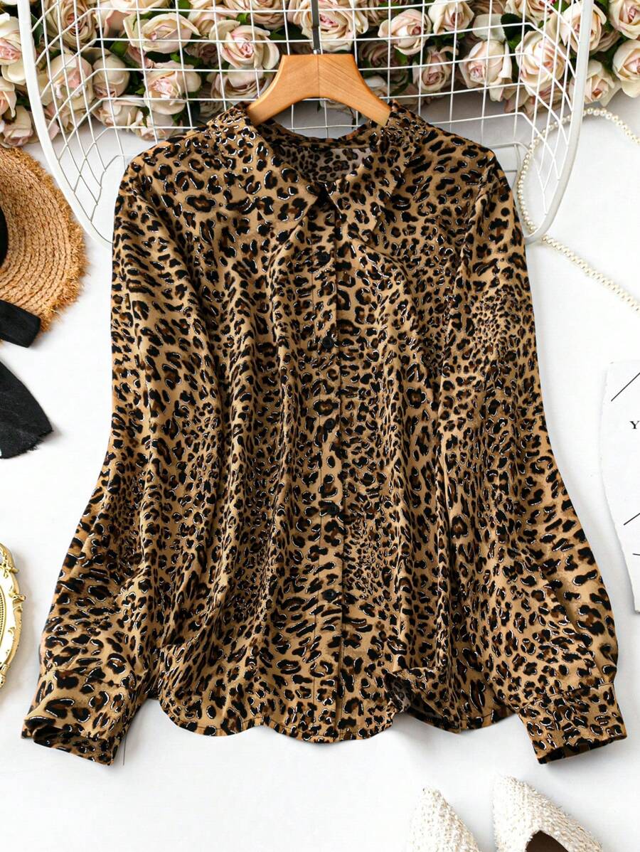 SHEIN LUNE Plus Size Women Metallic Shiny Leopard Print Long Sleeve Spring/Autumn Collar Button Front Elegant Fashion Versatile Blouse Top - Multicolor - View 1
