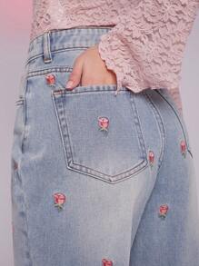 WESTFADE Summer Floral Embroidered High Rise Straight Leg Denim Jeans Country Concert  - Blue - View 2