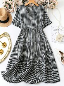 SHEIN LUNE 大码女式夏季经典黑白格子 V 领泡泡袖荷叶边休闲中长连衣裙
