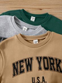 SHEIN Leap Crew 6 件装年轻男童休闲可爱日常舒适英文图案宽松圆领运动衫和裤子套装，买 2 送 1，适合旅行、学校、休闲聚会、秋冬季、返校装、秋季装 - 彩色 - 查看 3