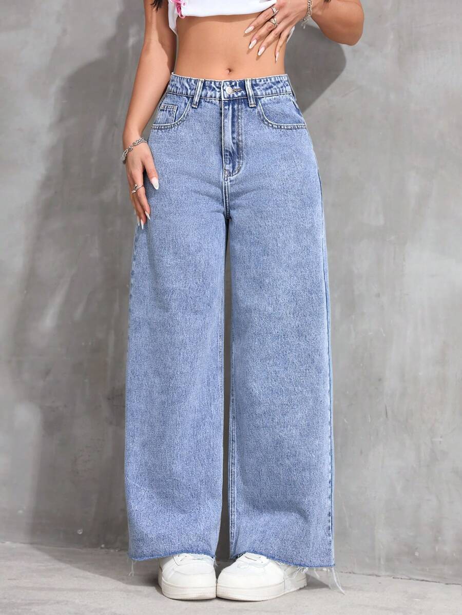 宽松高腰直筒洗水牛仔裤 - 中等水洗藍 - 查看 1