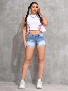 SHEIN ICON Casual Washed Low-Waist Slim-Fit Denim Shorts - Light Wash - View 4