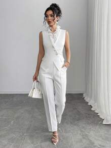 Gloray 2 件套：合身无袖深 V 领 3D 荷叶边口袋纽扣交叉不对称下摆七分阔腿裤，优雅休闲时尚正式服装，适合工作、婚礼、派对、春/夏