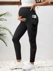 SHEIN 孕妇撞色蕾丝打底裤，简约时尚，休闲日常穿着 - 黑色 - 查看 1