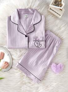 Elladie kids Tween 女童条纹休闲短袖开衫和短裤 2 件套睡衣套装 - 紫色 - 查看 3
