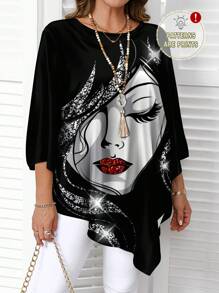 EMERY ROSE Camisa holgada de talla grande con estampado de rostro abstracto, estilo minimalista, para primavera y otoño