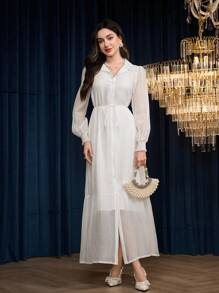 Modelyn 女士纯色长袖长裙，休闲时尚，适合日常穿着 - 白色 - 查看 4