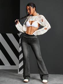 SHEIN PETITE 休闲复古洗水修身喇叭牛仔裤