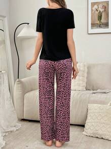 2pcs Cat Leopard Print Short Sleeve Pajama Set - Multicolor - View 2