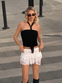 SHEIN EZwear Women's New Arrival Ruched Mesh Camisole With Scarf - Black - View 3