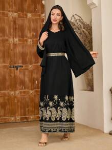 Al Najma Vestido longo árabe bordado em tecido slimming fashion - Preto - Ver 5
