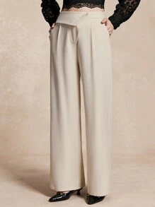 Almamuse Women's Asymmetrical Waist Design Wide Leg Pants