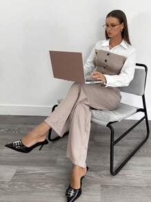SHEIN Essnce Dames gestreept patchwork shirt met lange mouwen en gestreepte lange broek set, Office Commuter 2-delige outfit, kantoorkleding