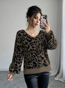 Chiquease 休闲豹纹提花针织毛衣，后背系带，秋冬针织套头衫 - 彩色 - 查看 4