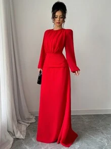 Elenzga Vestido de manga larga con cintura acampanada, fruncido y de tul rojo elegante y romántico para el Día de San Valentín