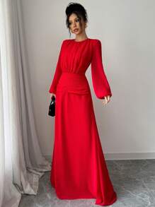 Elenzga Vestido de manga larga con cintura acampanada, fruncido y de tul rojo elegante y romántico para el Día de San Valentín
