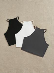 SHEIN EZwear 3 件套女士黑色、白色、灰色休闲吊带背心，适合夏季 - 彩色 - 查看 2