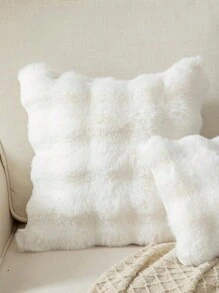 1件装奢华仿兔毛枕套/靠垫套，格子泡泡绒装饰枕套，适用于沙发、卧室、床头板，柔软亲肤，白色 - 白色 - 查看 3