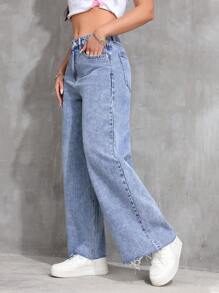 宽松高腰直筒洗水牛仔裤 - 中等水洗藍 - 查看 5