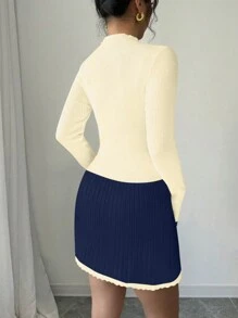 Calvaya New Autumn/Winter Retro Minimalist Splice Fitted Slim Knitted Sweater Dress For Women