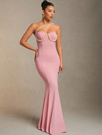 L'Amorae Damkläder, Elegant Rosa Jersey Faux Pearl Utsmyckad Bustier Mermaid Maxiklänning, Damklänningar, Balklänning, Del Damklänningar, Bröllopsklänning, Eleganta Damklänningar, Alla Hjärtans Dagsklänning, Formella Damklänningar, Rosa Klänning. För Date Night, konserter, föreställningar, bröllop, fester, kvällar