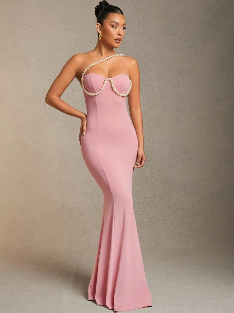 L'Amorae Women Clothes, Elegant Pink Jersey Faux Pearl Embellished Bustier Mermaid Maxi Dress, Women Dresses, Prom Dress, Part Women Dresses, Wedding Dress, Elegant Women Dresses, Valentine's Day Dress, Formal Women Dresses, Pink Dress. For Date Night, Concerts, Performances, Wedding, Parties, Evening