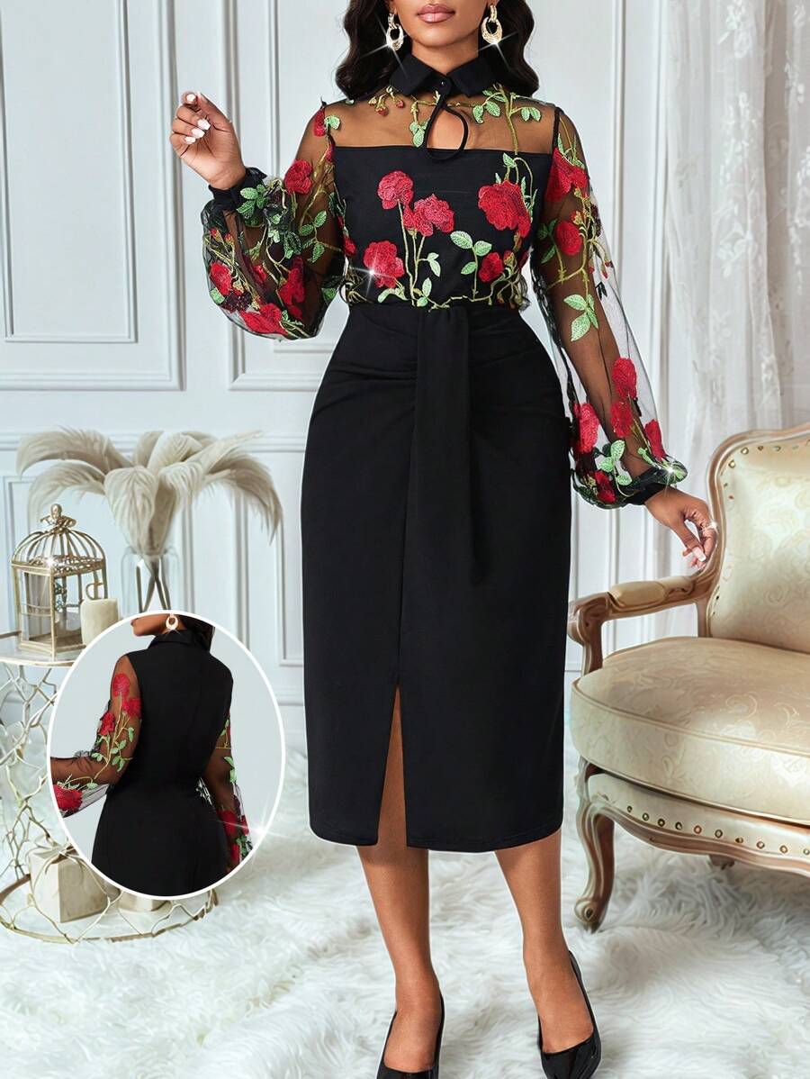 SHEIN Lady Elegant Women's Dress With Rose Flower Mesh Stitching - Black - View 1