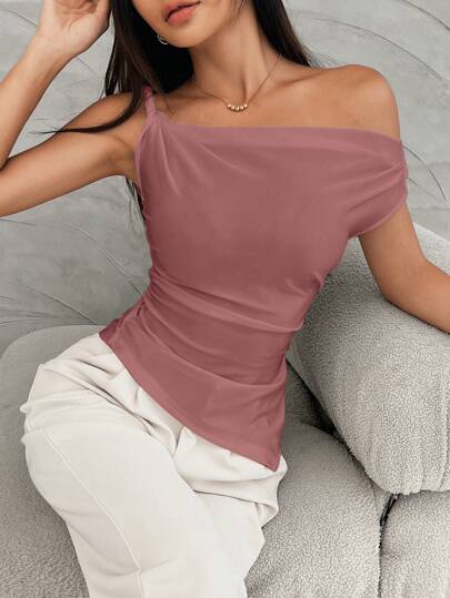 Firerie Women Asymmetrical Shoulder Ruffle Hem Casual T-Shirt For Commuting, Summer