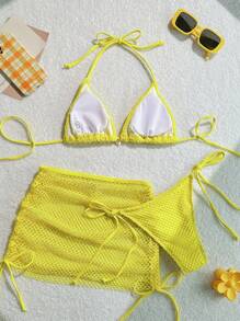 Swim Mod 3pcs Women Solid Color Halter Tie-Back Bikini Set For Summer Beach Vacation - Yellow - View 2