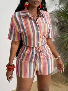Slaydiva Spring And Summer New Casual Vacation Shirt Collar Open Placket Short-Sleeved Cropped Top + Fitted Shorts Colorful Striped Women's Two-Piece Set - Multicolor - View 1