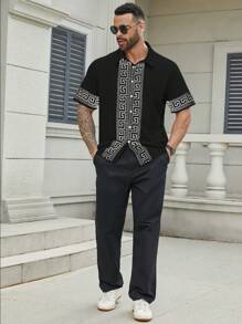 Manfinity Homme Heren effen patchwork-knoopsluiting, casual top met korte mouwen, dagelijks gebruik
