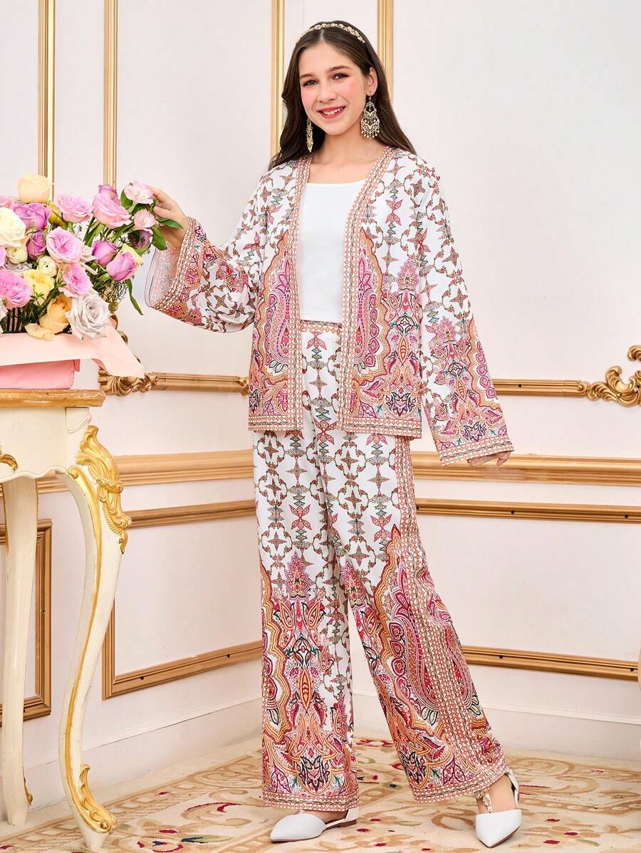 少女优雅印花图案休闲外套三件套，白色吊带背心，宽松舒适喇叭裤套装 - 彩色 - 查看 1