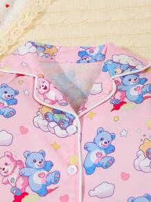 2pcs/Set Baby Girl Pink Bear Print Long Sleeve Shirt And Pants Casual Loungewear Pajamas Set - Pink - View 5