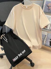 SHEIN Teen Boys Letter Print Short Sleeve T-Shirt And Shorts Set, Casual, Comfortable, Simple, Versatile, Cute, Soft, Suitable For Daily Wear, School, Outdoor, Sports, Holidays