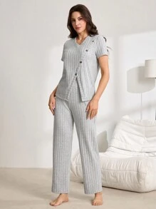 Solid Color Casual Brushed Side Slit Button Decor Women Pajama Set - Light Grey - View 5