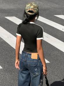 StreetHx Women's New Slim-Fit Color Blocking Ribbon Lace Pattern Round Neck Short Sleeve Crop Top - Black and White - View 2