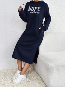 SHEIN LUNE 女式连帽羊毛运动衫连衣裙，带字母印花和抽绳，长袖上衣