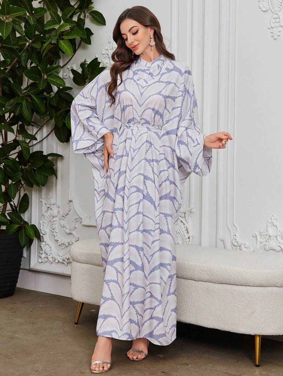 Al Najma 2025 春夏新款时尚印花宽松束腰修身土耳其长裙 - 白色 - 查看 1