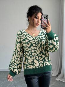 SHEIN Unity 秋冬休闲豹纹提花系带针织套头衫秋季毛衣 - 彩色 - 查看 6