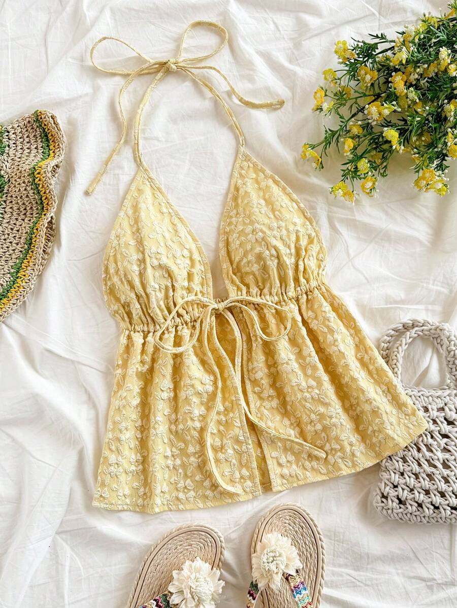 Soleia Women's Summer Casual Halter V-Neck Tie-Wrap Backless Textured Fabric Tank Top For Holiday, Date, Valentine's Day, Afternoon Tea