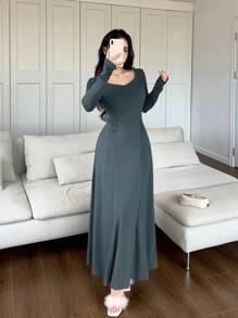 Mulvari 女士长袖纯色长裙，休闲日常穿着 - 藍色 - 查看 6