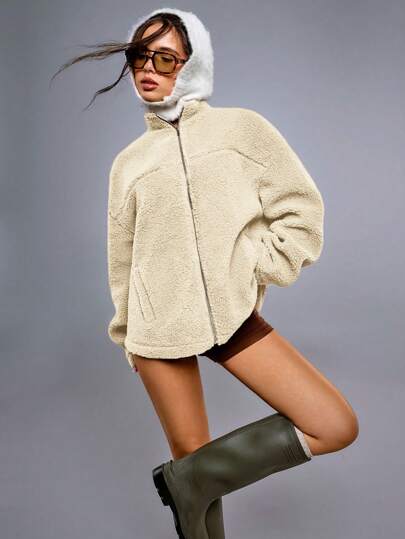 Athîral Chaqueta casual de mujer de unicolor con hombros caídos y mangas largas de felpa, apta para otoño/invierno