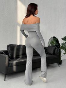 Muchica Mono sin hombros de unicolor simple con vuelo, informal - Gris - Ver 2