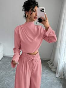 Firerie Bộ đồ hai mảnh áo sơ mi cổ xếp chồng thanh lịch màu hồng và quần ống rộng cho nữ, bộ quần nhẹ và thoải mái, bộ áo không tay bất đối xứng hai mảnh, bộ đồ hai mảnh ngày nhà giáo, bộ đồ hai mảnh áo dài tay đi làm, bộ đồ hai mảnh cho nữ, thanh lịch, đi làm, giản dị, bộ đồ hai mảnh ngày lễ, quần áo ngày lễ tình nhân - Bụi hồng - Xem 2