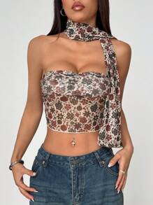 SHEIN EZwear Top de type camisole ample et décontracté avec imprimé floral minimaliste pour femmes - Multicolore - Voir 5