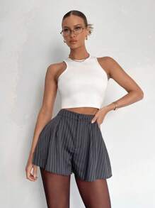 SHEIN Essnce Spring And Summer Kochi Style Gray Striped Suit Shorts For Women's Daily Commuting And Workplace Wear - Dark Grey - View 4